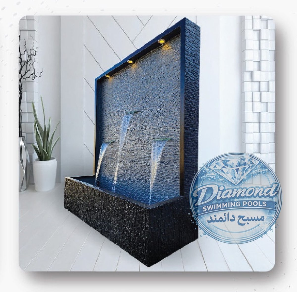 Wall water feature with LED lighting